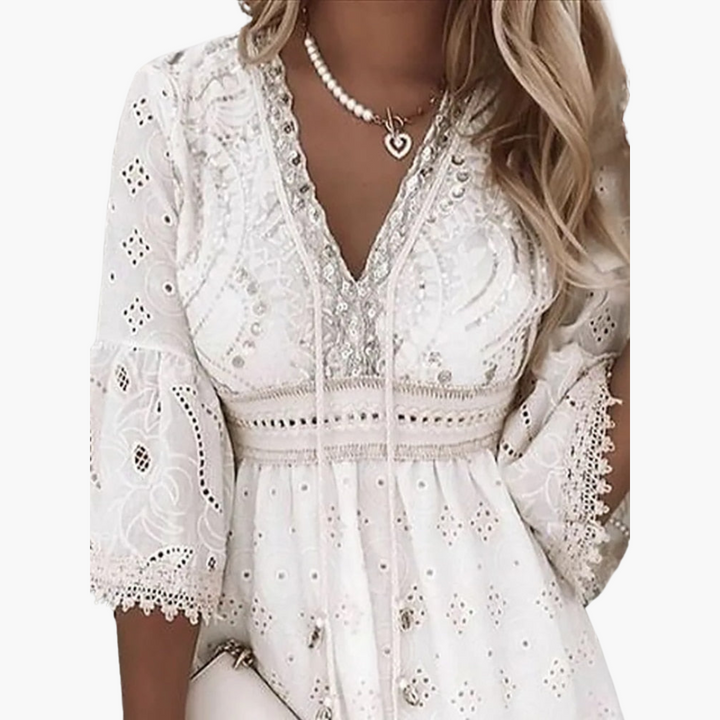 Women’s Mini Dress with V-Neck and Lace Sleeves