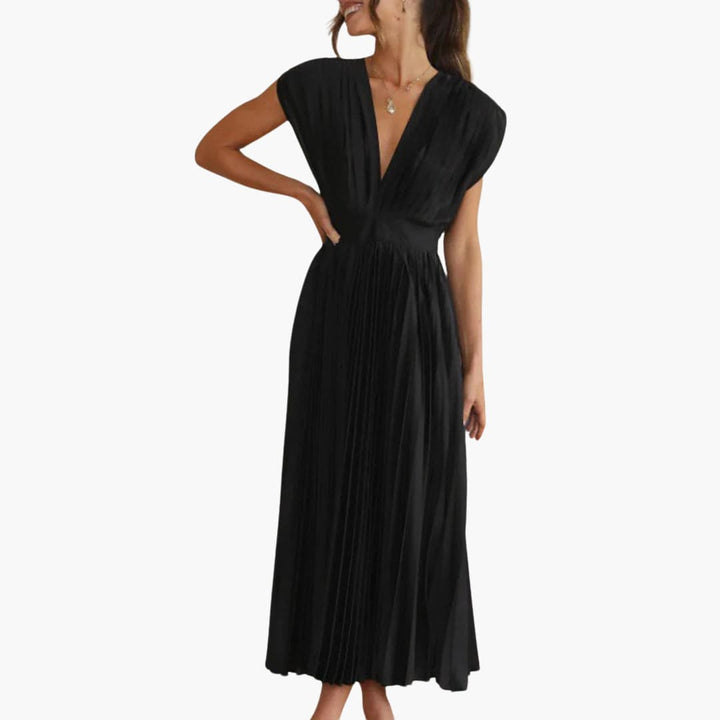 Women’s Midi Dress with Pleated Design and Cap Sleeves