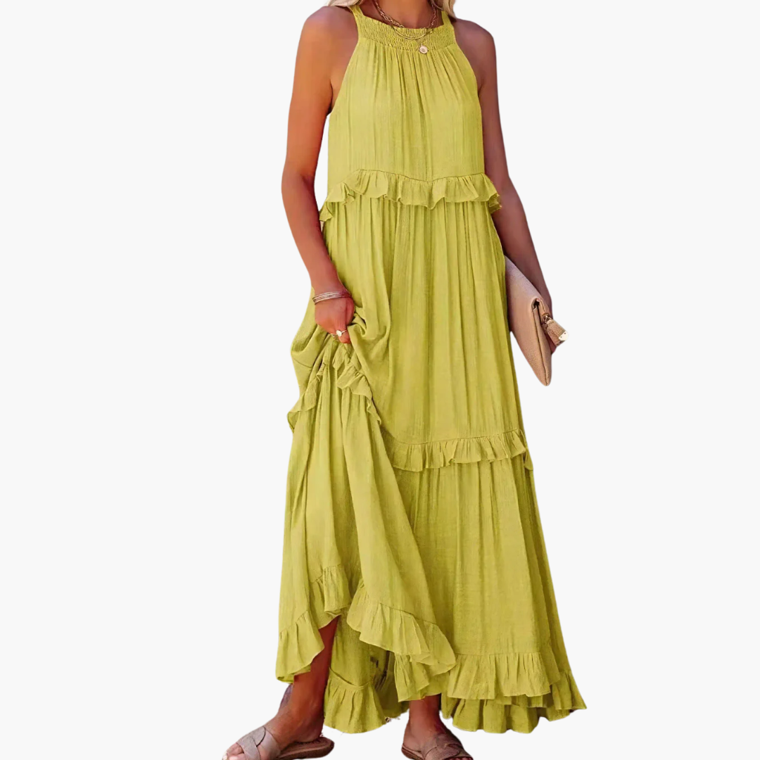 Women’s Maxi Dress with Cascading Ruffle Tiers and Adjustable Straps