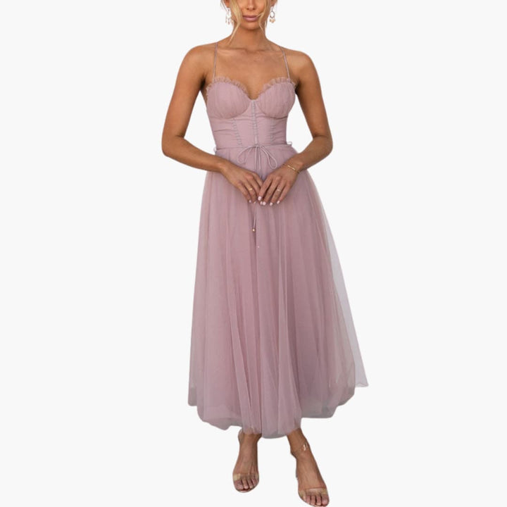 Women’s Tulle Maxi Dress with Spaghetti Straps and Tiered Skirt