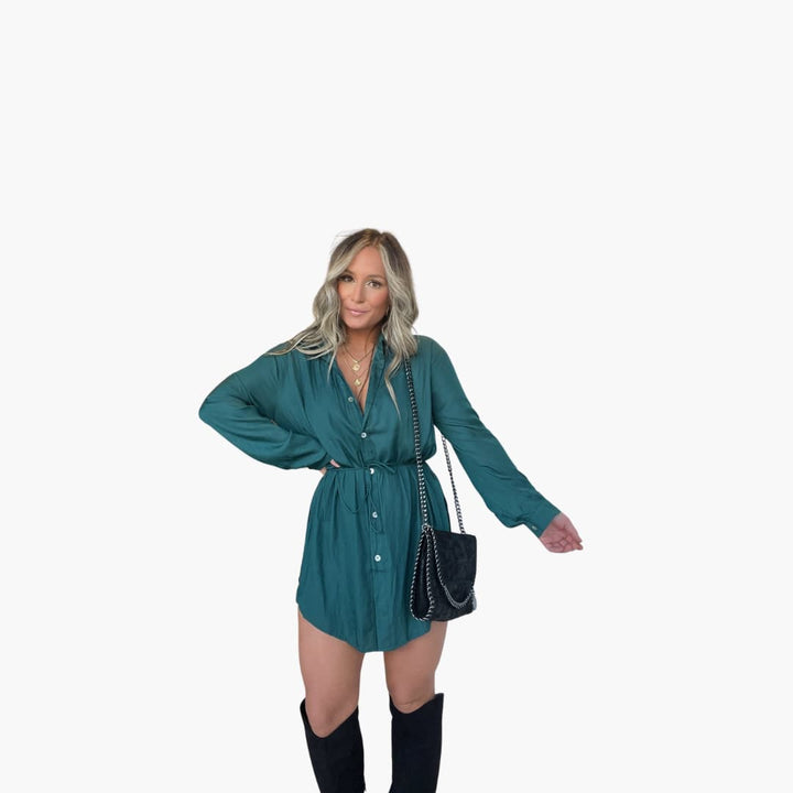Women’s Romper Dress with Collared Neck and Drawstring Waist