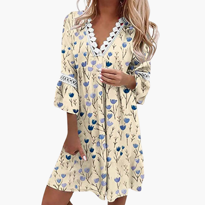 Women’s Printed Mini Dress with V-Neck and Short Sleeves