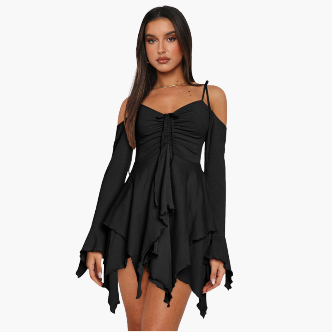 Women’s Mini Dress with Off-the-Shoulder Neckline and Layered Design