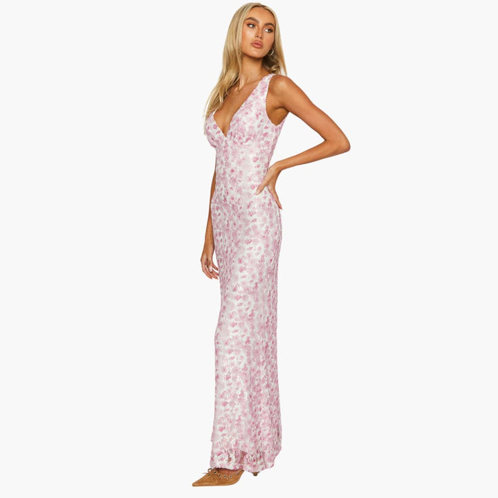 Women’s Maxi Dress with Lace Overlay and Open Back