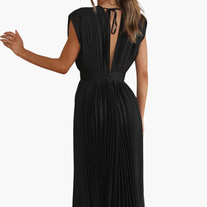 Women’s Midi Dress with Pleated Design and Cap Sleeves