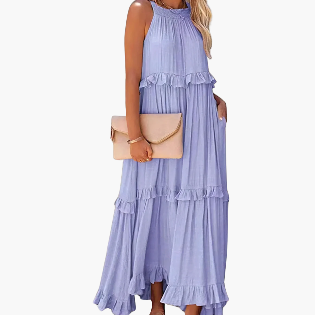 Women’s Maxi Dress with Cascading Ruffle Tiers and Adjustable Straps
