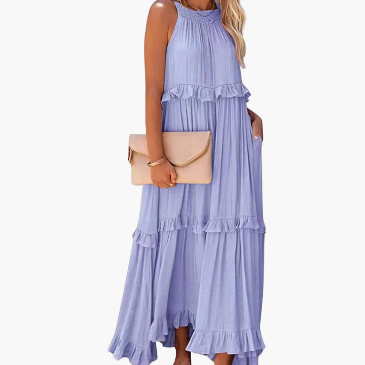 Women’s Maxi Dress with Cascading Ruffle Tiers and Adjustable Straps