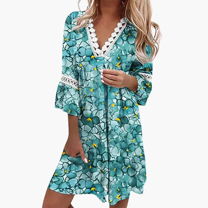 Women’s Printed Mini Dress with V-Neck and Short Sleeves