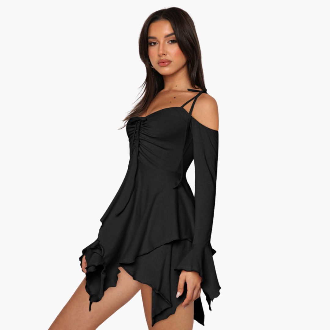 Women’s Mini Dress with Off-the-Shoulder Neckline and Layered Design