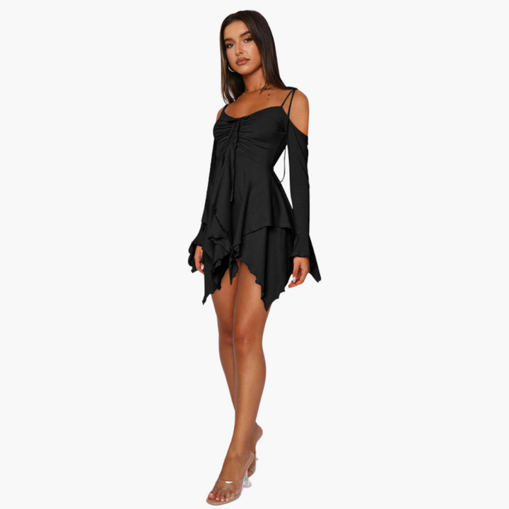 Women’s Mini Dress with Off-the-Shoulder Neckline and Layered Design
