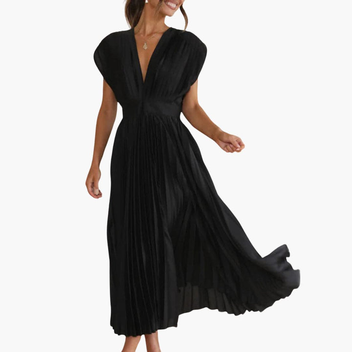 Women’s Midi Dress with Pleated Design and Cap Sleeves