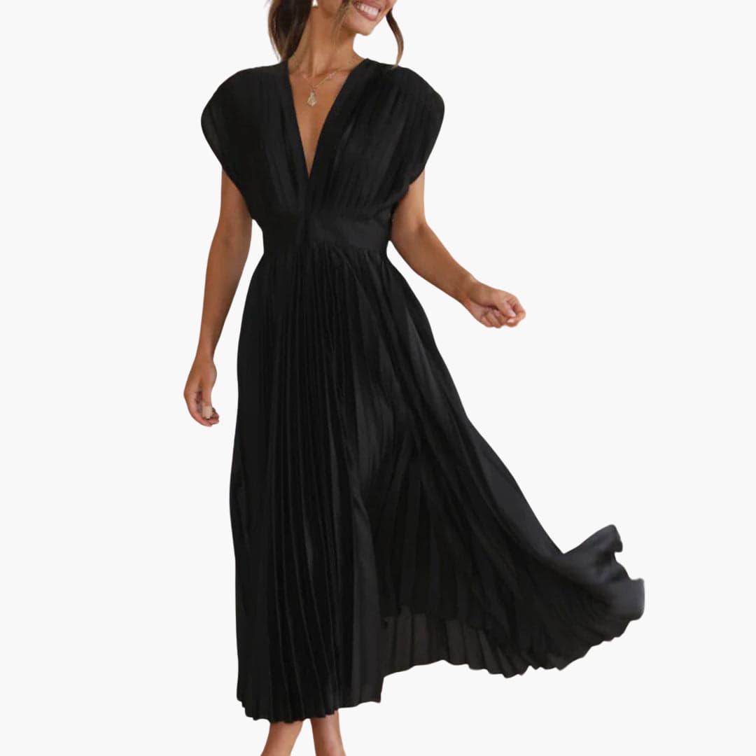Women’s Midi Dress with Pleated Design and Cap Sleeves