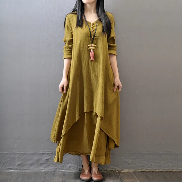 Women’s Maxi Dress with Asymmetric Hem and Long Sleeves
