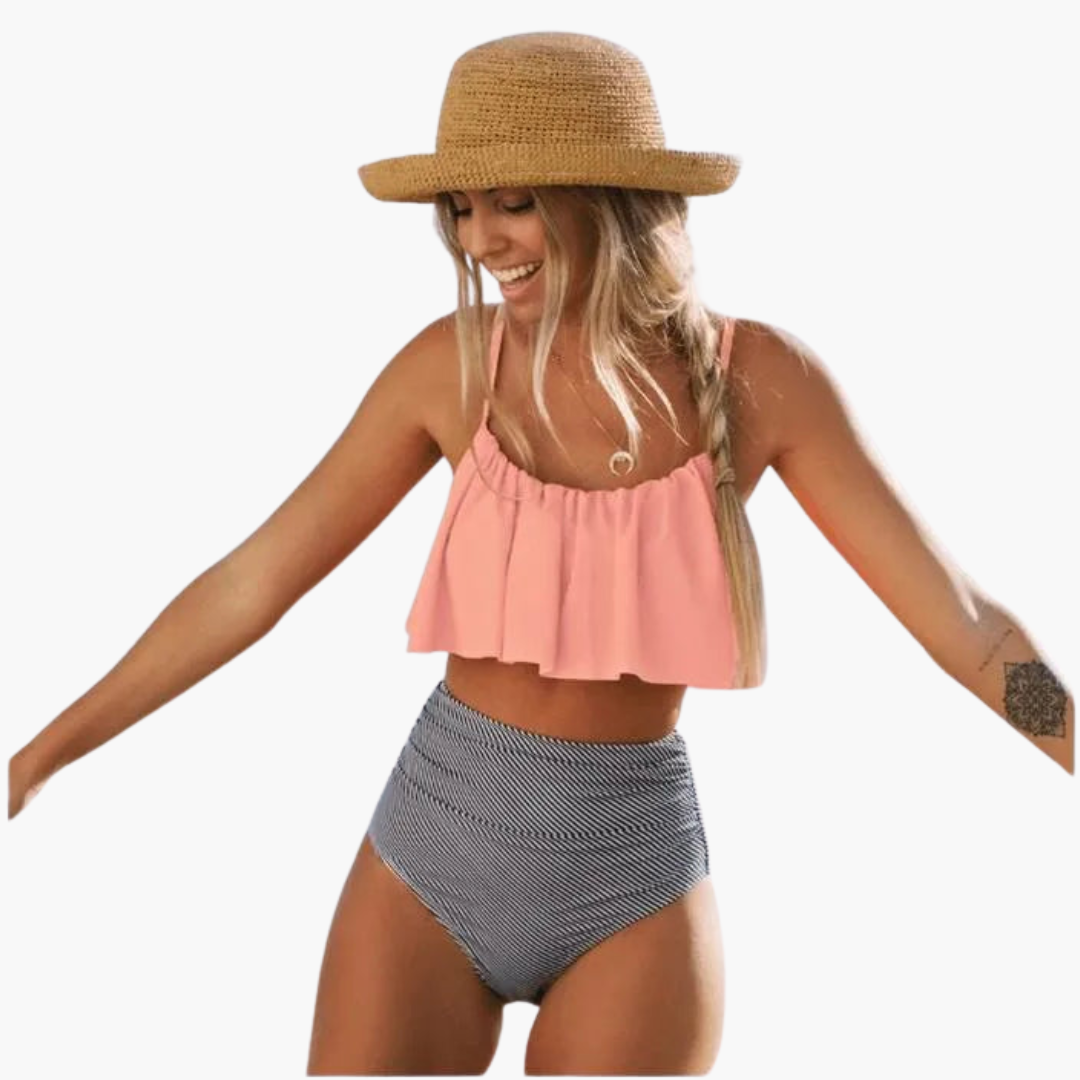 Women’s Bikini Set with High - Waisted Bottoms and Ruffle Detailing