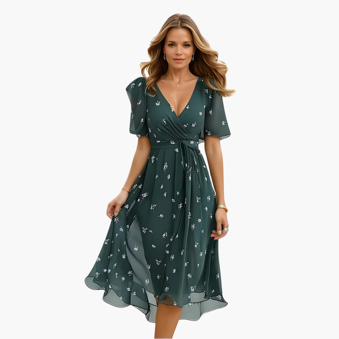 Women’s Midi Dress with V-Neckline and Flutter Sleeves