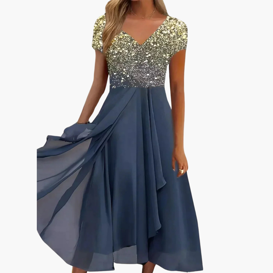 Women’s Midi Dress with V Neckline and Draped Skirt