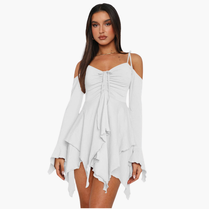 Women’s Mini Dress with Off-the-Shoulder Neckline and Layered Design