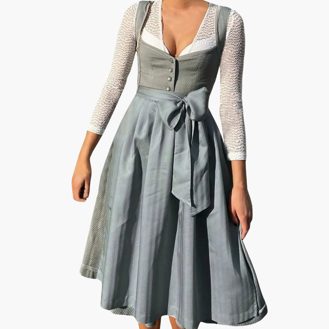 Women’s Midi Dress with Buttoned Bodice and Bow Waist