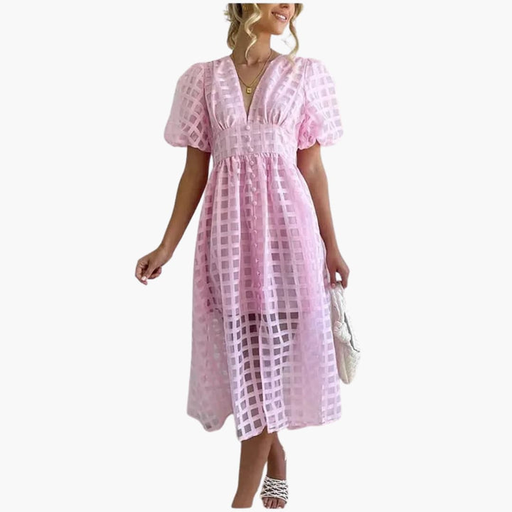 Women’s Midi Dress with Grid Overlay and Buttons