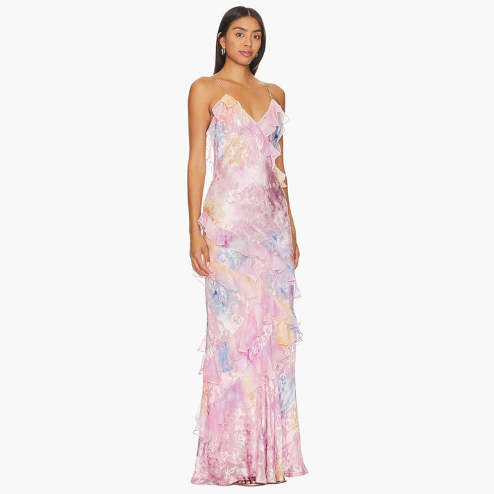 Women Maxi Dress with V-Neck and Ruffle Detail
