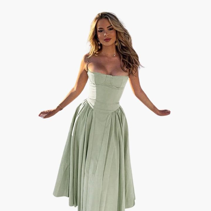 Women’s Midi Dress with Square Neck and Pleated Skirt