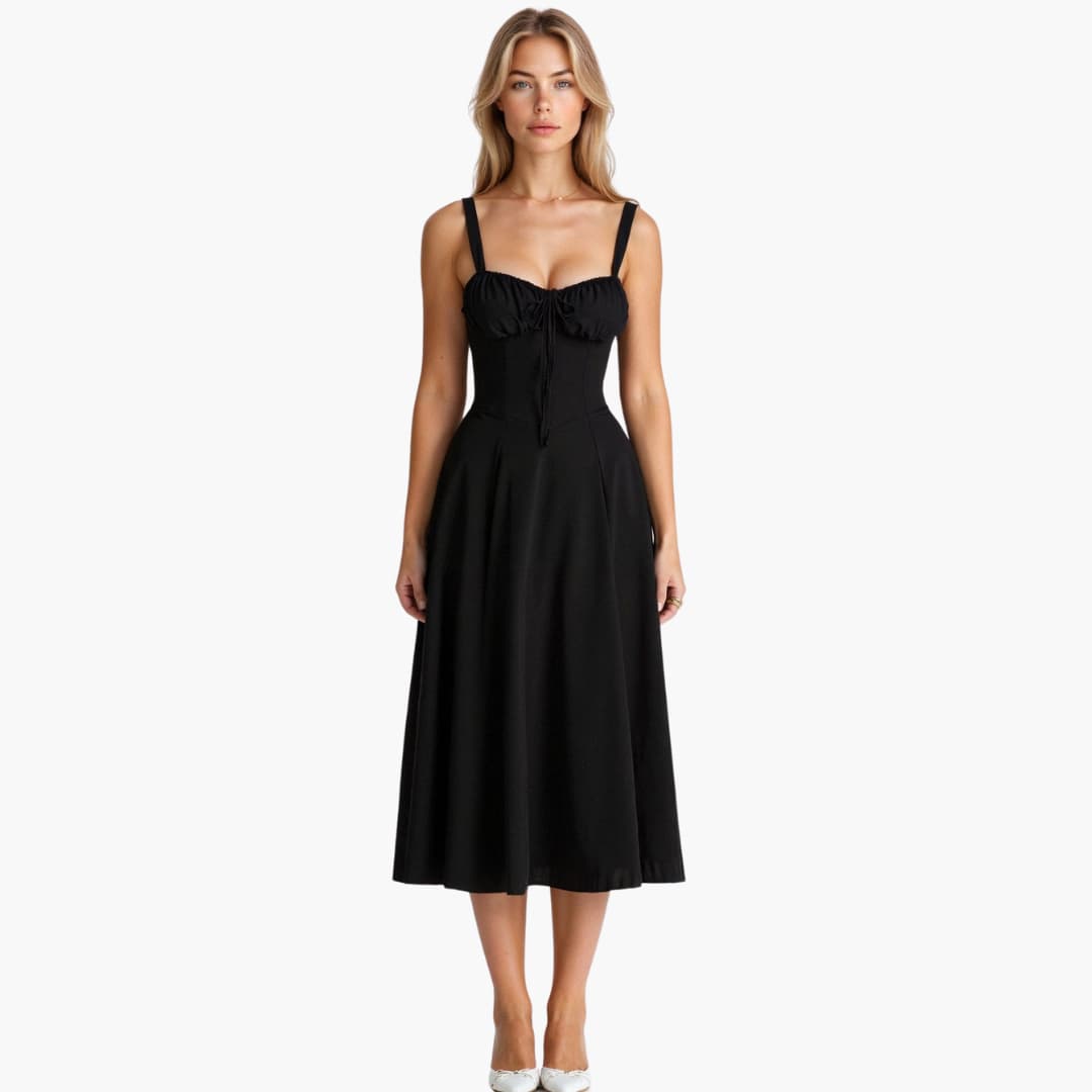 Women’s Midi Dress with Waist Tie and Lace-Up Bodice