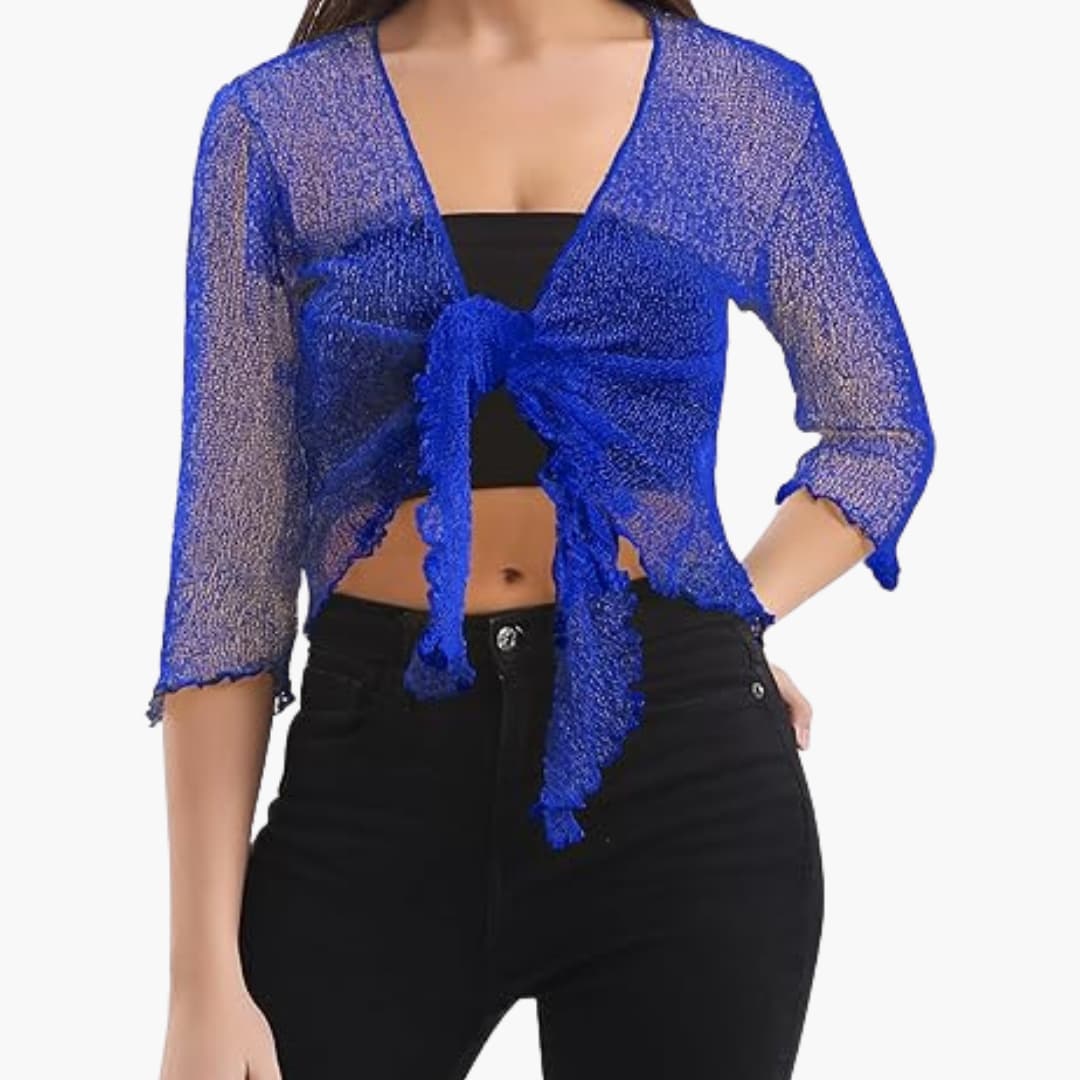Women’s Cropped Tie-Up Shrug with Three-Quarter Sleeves and Sheer Knit
