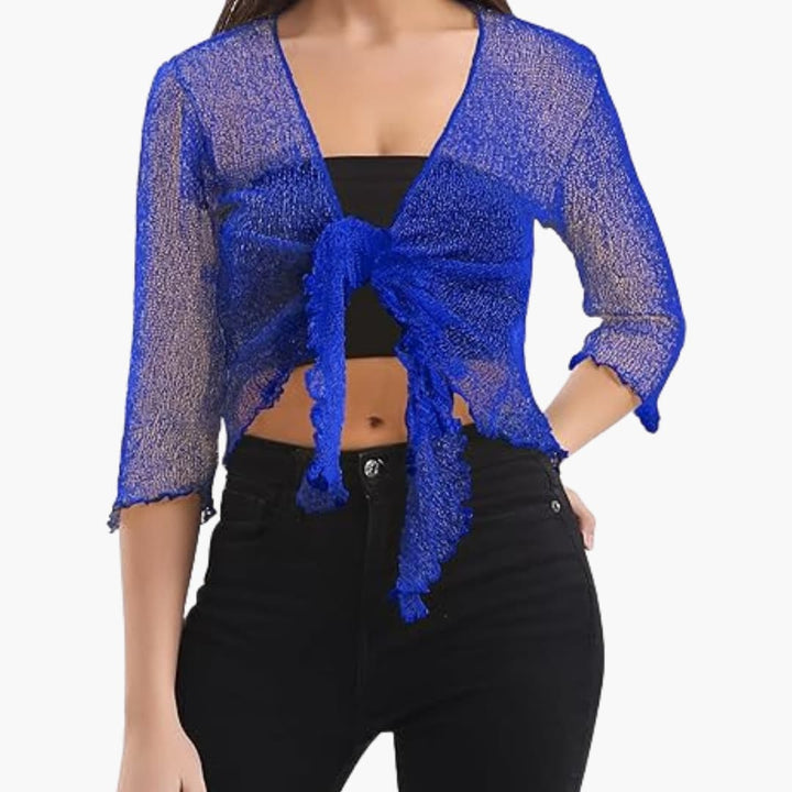 Women’s Cropped Tie-Up Shrug with Three-Quarter Sleeves and Sheer Knit