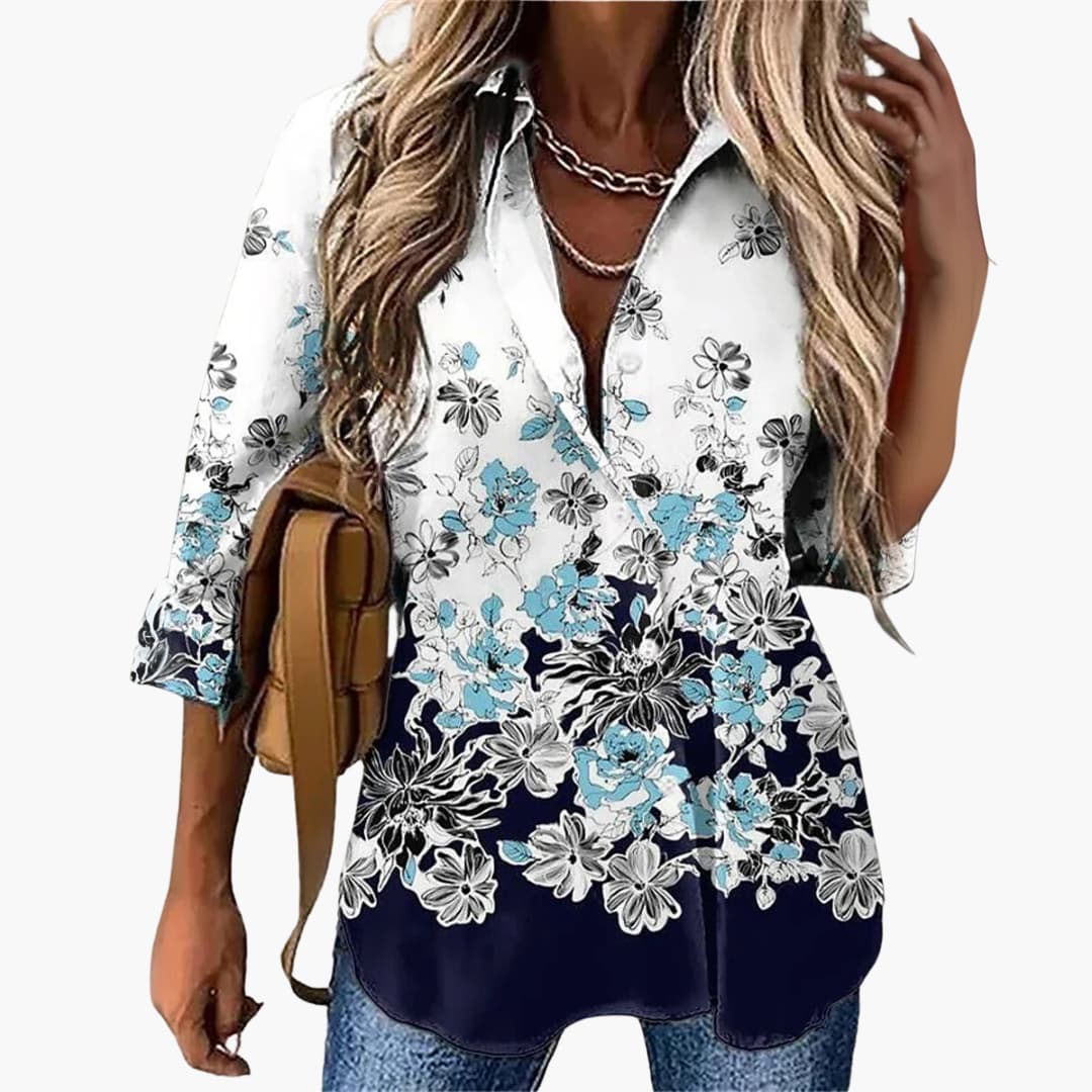Women’s Floral Print Blouse with Collar and Button Fastening