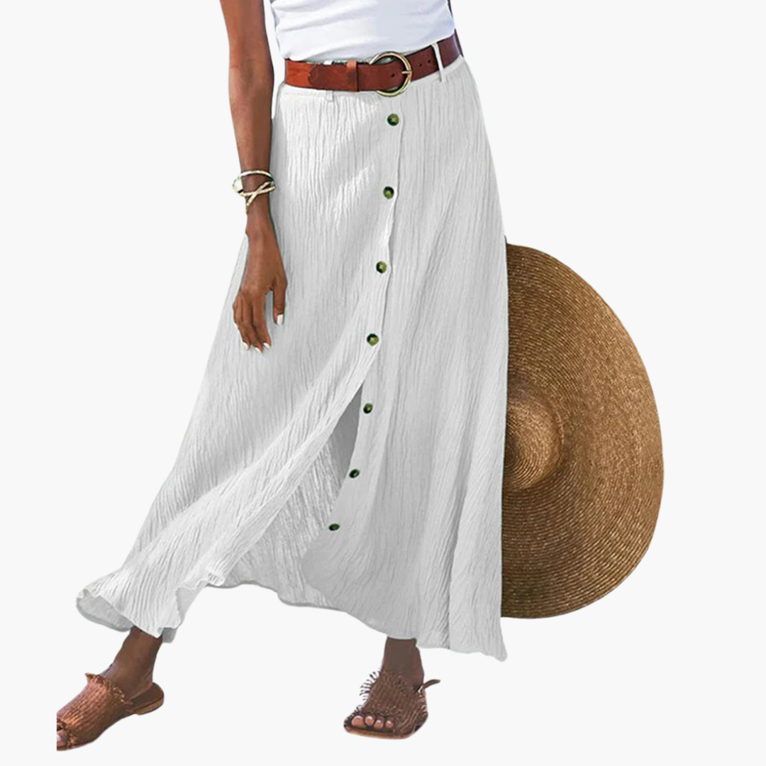 Women’s Button-Front Maxi Skirt with Elastic Waistband and A-Line Cut