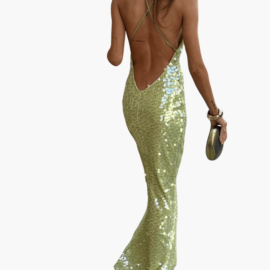 Women’s sequin maxi dress with scoop neckline and fitted bodice