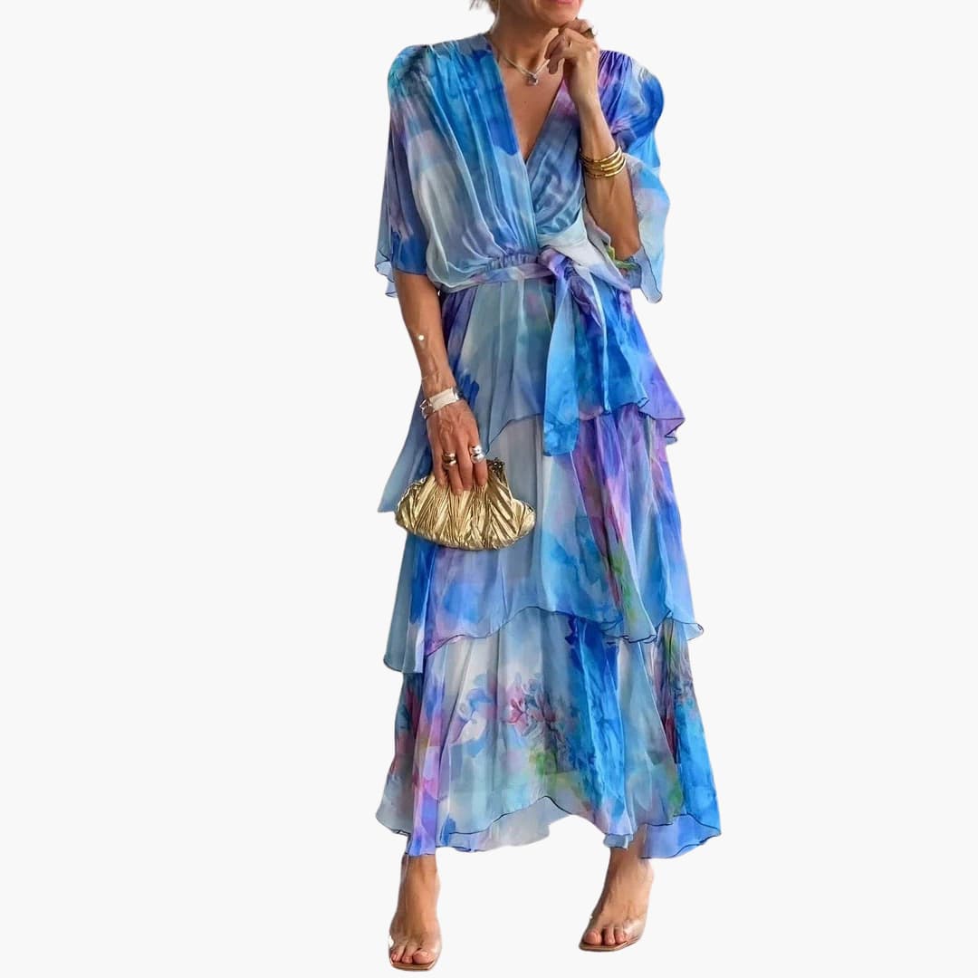 Women’s summer maxi dress with V-neckline and belted waist