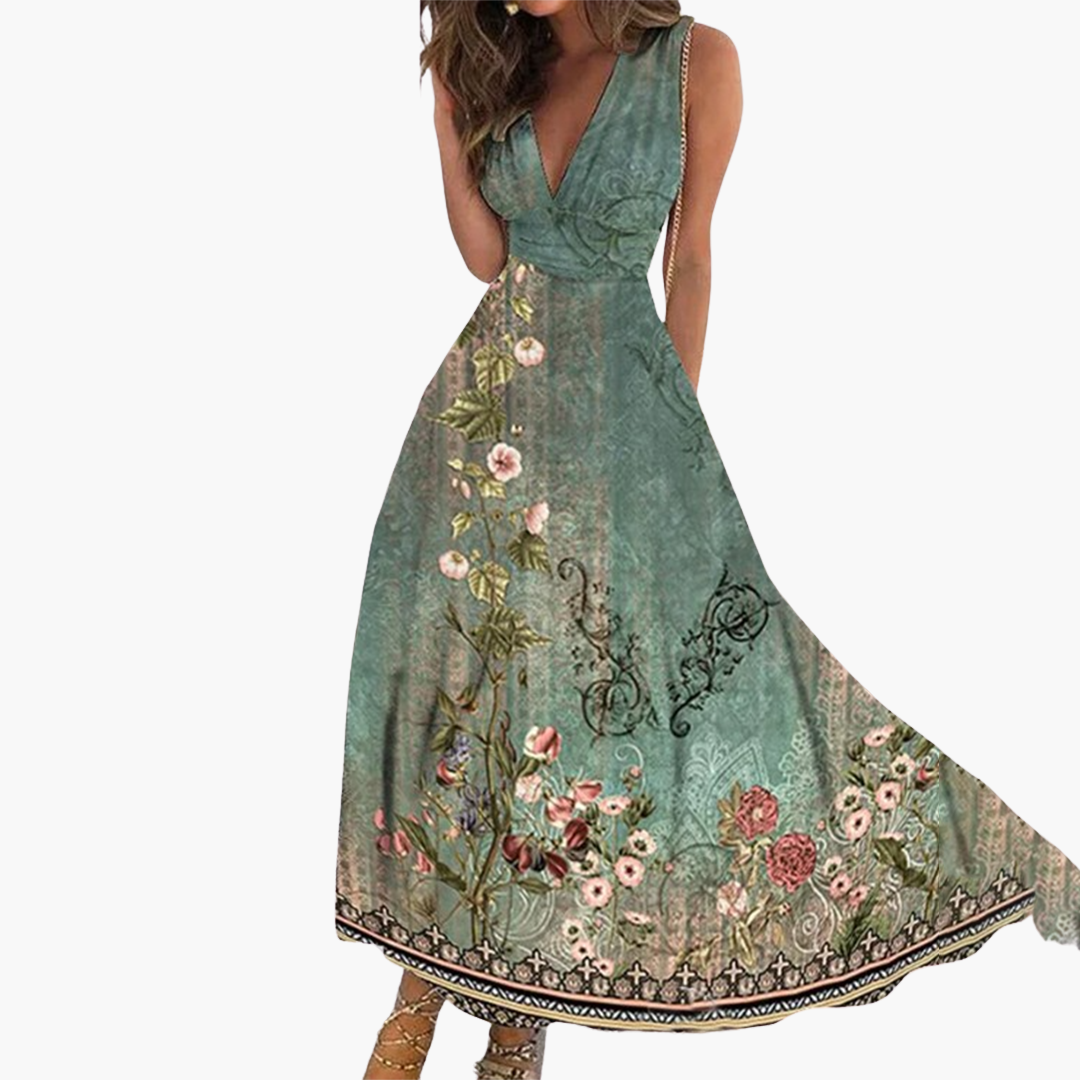Women’s Floral Maxi Dress with V-Neck and Adjustable Waist