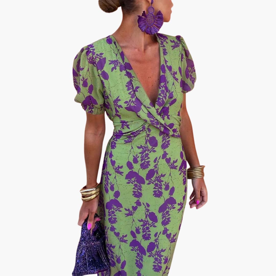 Women’s Midi Dress with Puff Sleeves and Twist Waist
