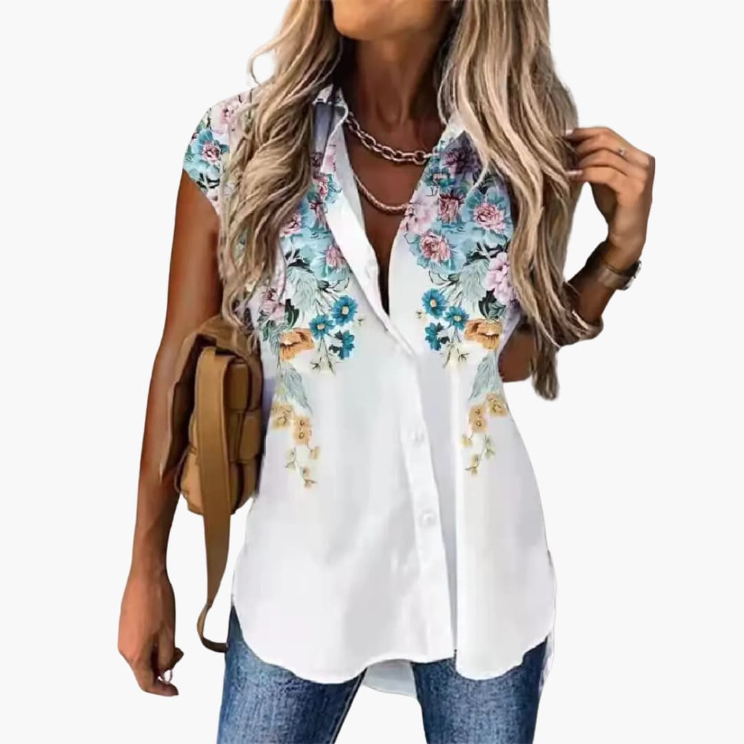Women’s Sleeveless Blouse with Collar and Button Fastening