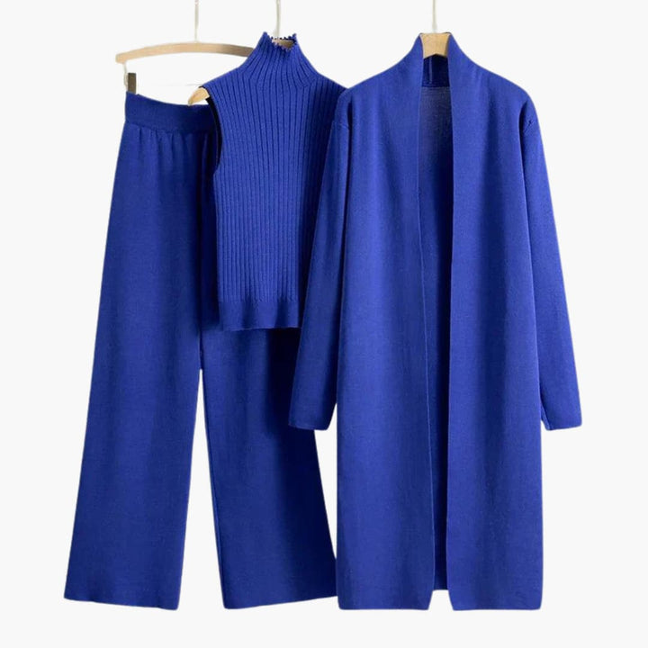 Women’s Three-Piece Knit Set with Sleeveless Turtleneck and Wide-Leg Pants