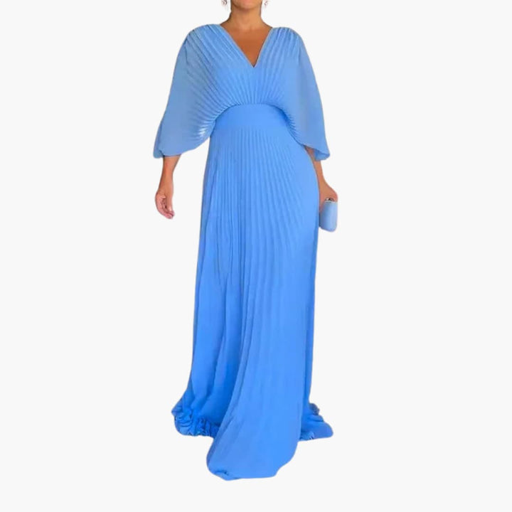 Women’s Formal Pleated Maxi Dress with Draped Sleeves