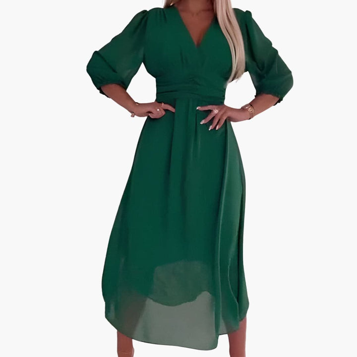 Women’s Midi Dress with V Neck and Ruched Waist