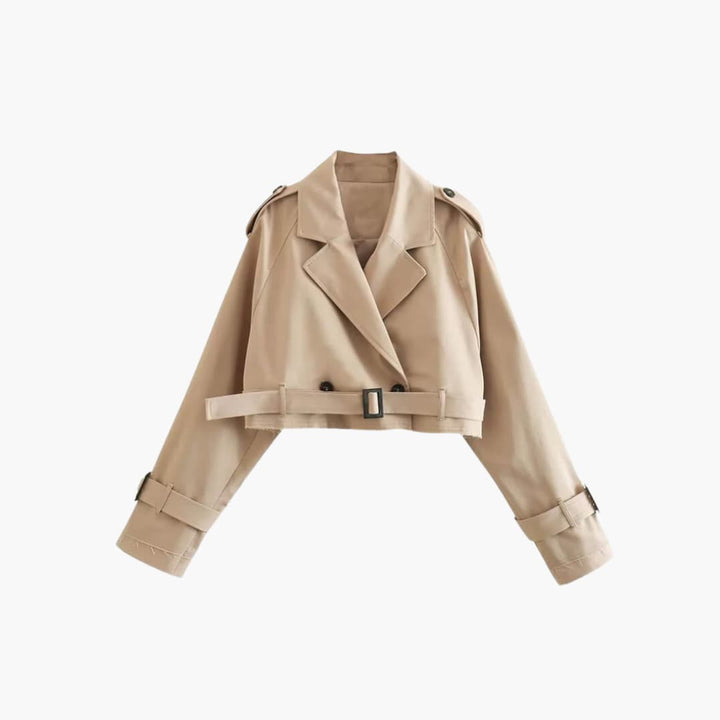 Women’s Cropped Trench Coat with Front Buttons and Waist Tie