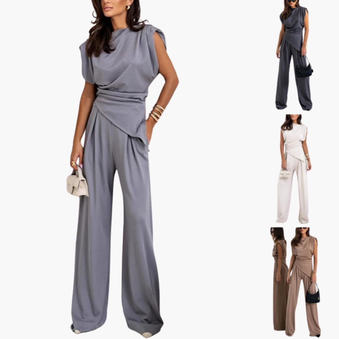Women’s Two-Piece Set with Draped Top and Wide-Leg Pants