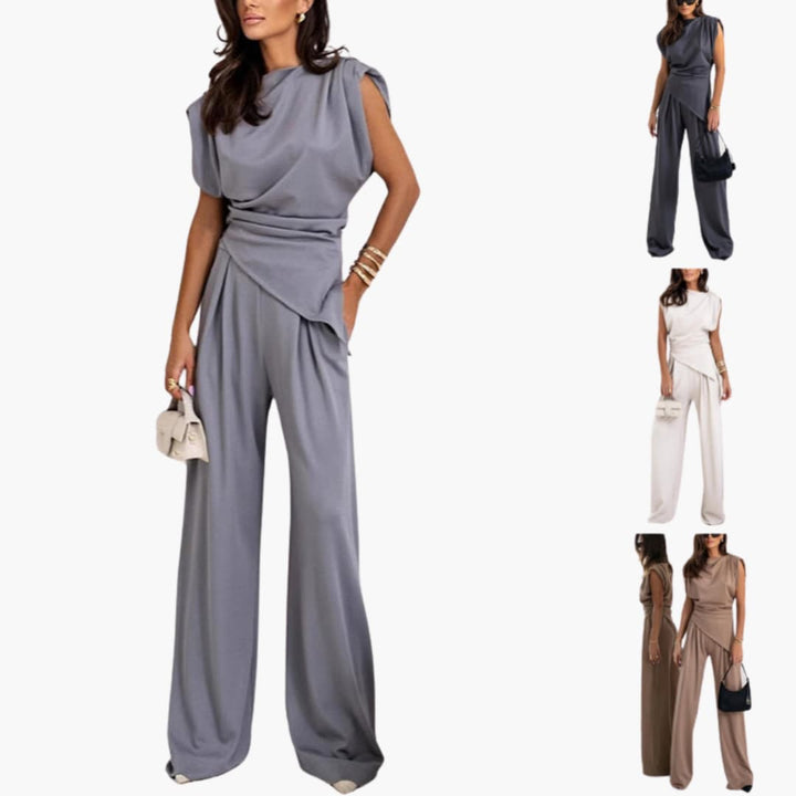 Women’s Two-Piece Set with Draped Top and Wide-Leg Pants