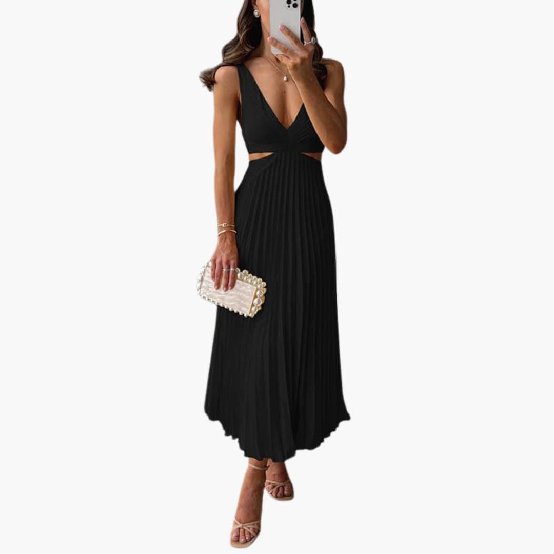 Women’s Midi Dress with Pleated Neckline and Structured Waist