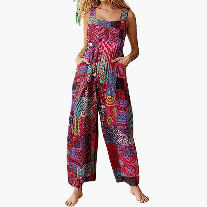 Women’s Patchwork Jumpsuit with Sleeveless Design and Wide-Leg Cut