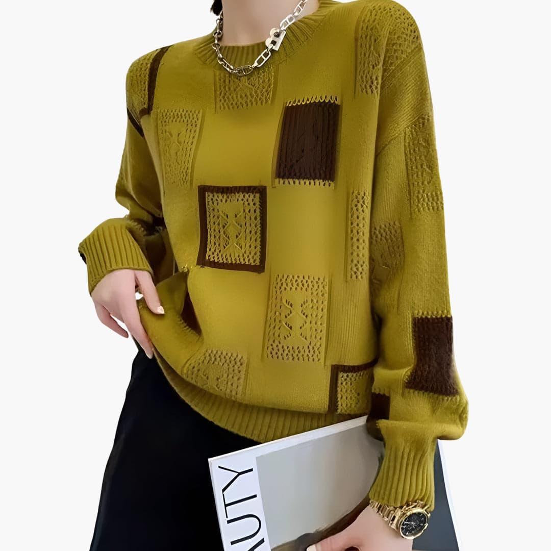Women’s Patchwork Knit Sweater with Long Sleeves and Pullover Style