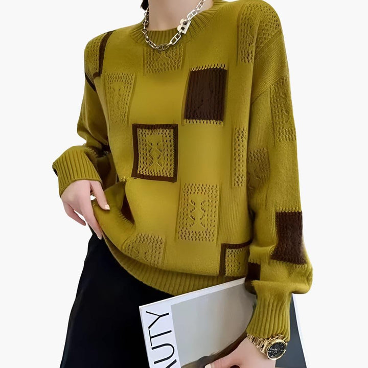 Women’s Patchwork Knit Sweater with Long Sleeves and Pullover Style