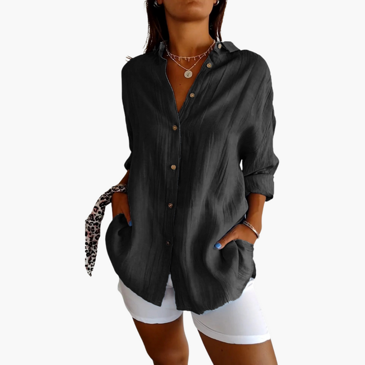 Women’s Long Blouse with Button-Front and Relaxed Fit
