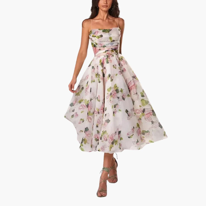 Women’s Floral A-Line Midi Dress with Spaghetti Straps and Fitted Bodice