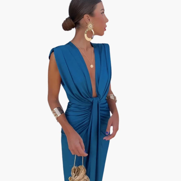 Women’s maxi dress with V-neckline and ruched waist