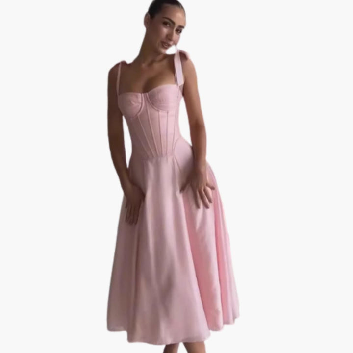 Women’s Corset Midi Dress with Adjustable Bow Straps and Flared Skirt