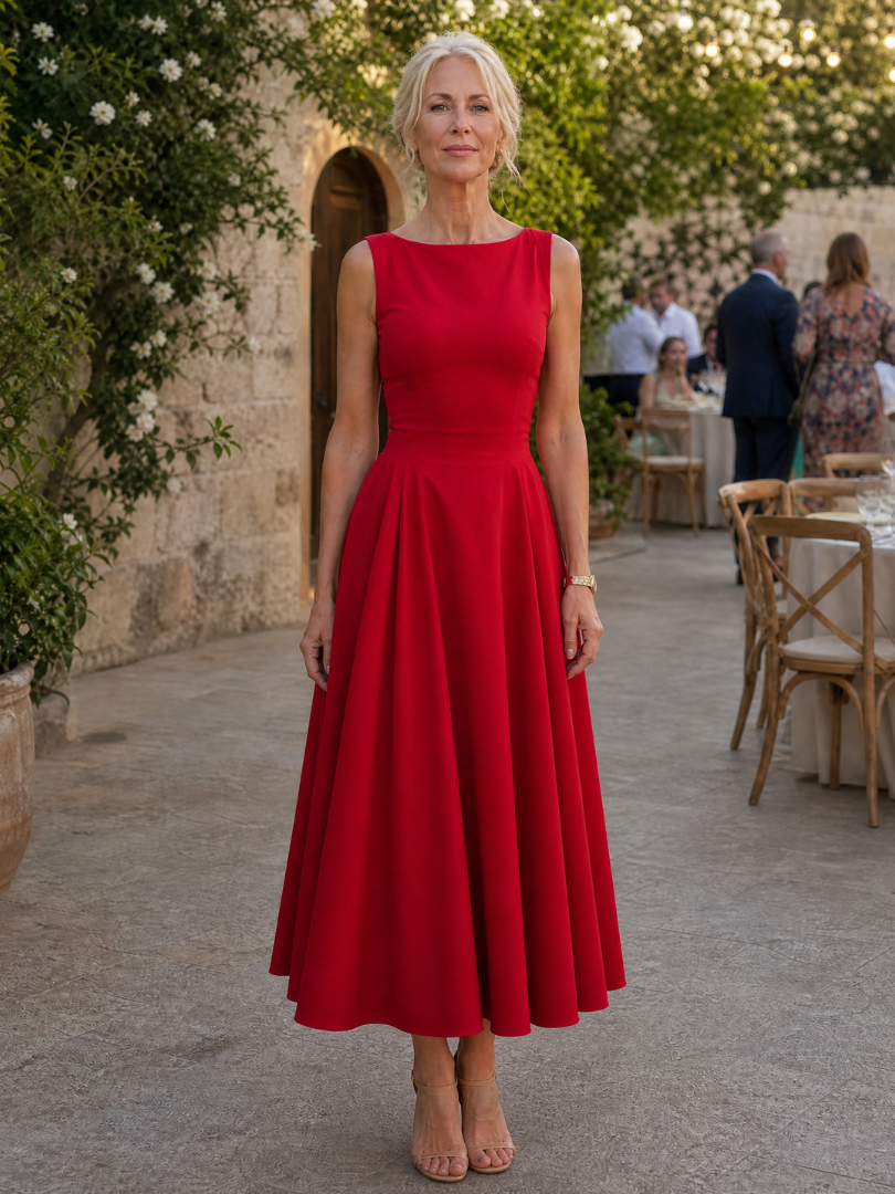Corane | Sleeveless Crew Neck Fitted Bodice Midi Dress